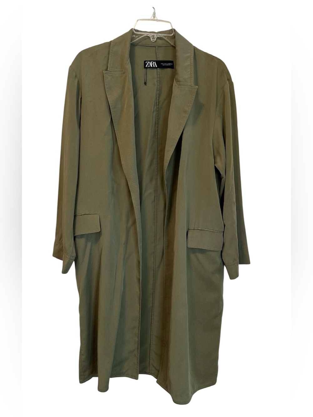 Zara Olive Green Longline Open Front Duster/Trench Coat